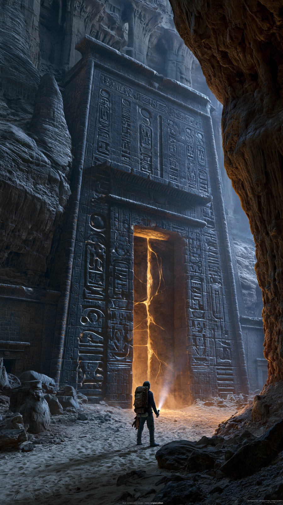 A person with a backpack and flashlight stands in a rocky cave facing a massive stone temple entrance covered in ancient hieroglyphs, illuminated by a mysterious glowing crack in the door.