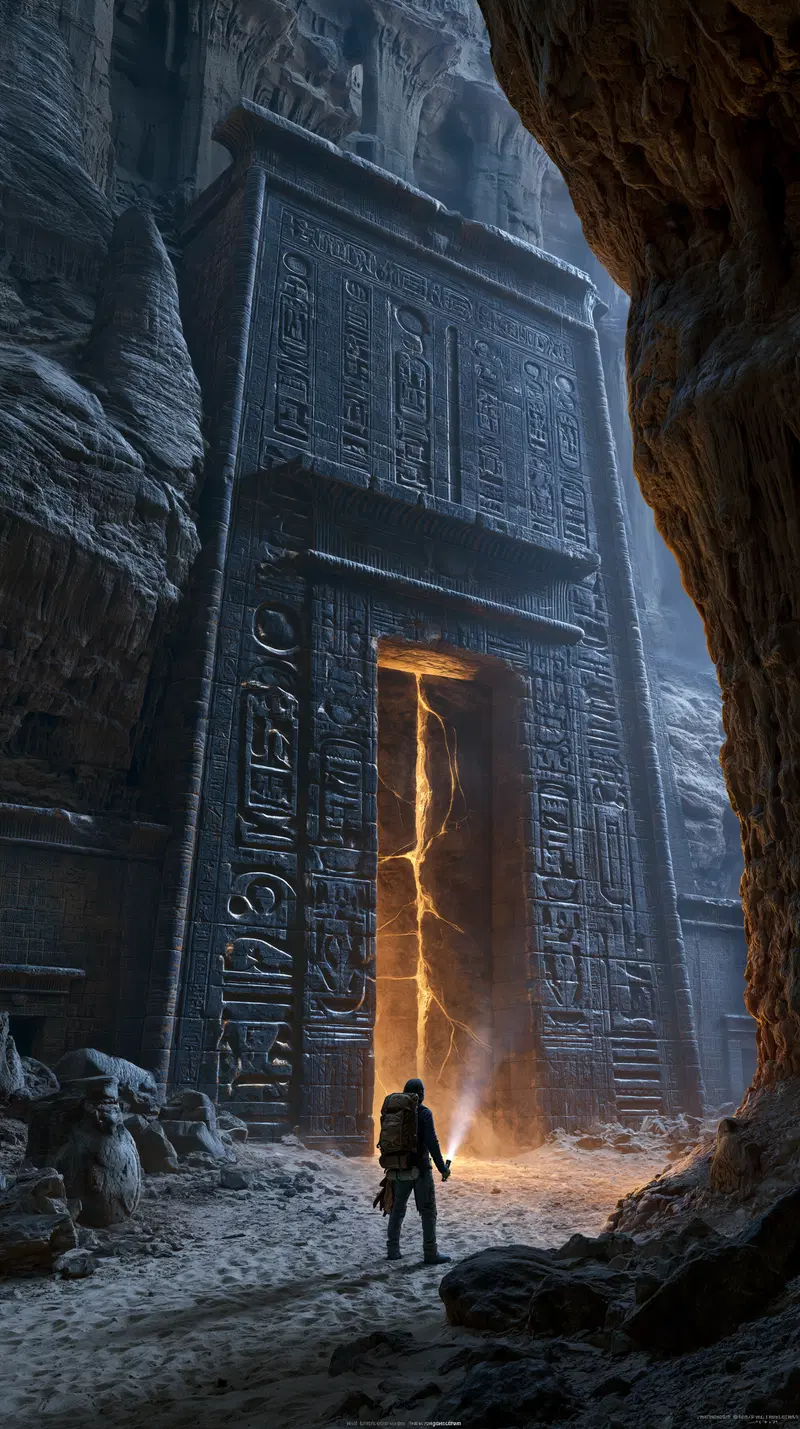 Concept art of an explorer facing a giant ancient temple entrance with glowing hieroglyphs