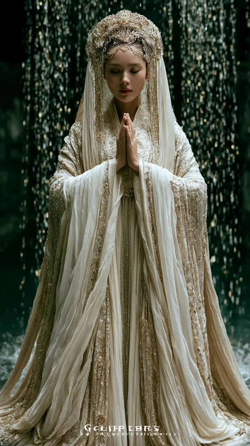 Traditional Chinese ceremonial attire with intricate gold embroidery and headdress