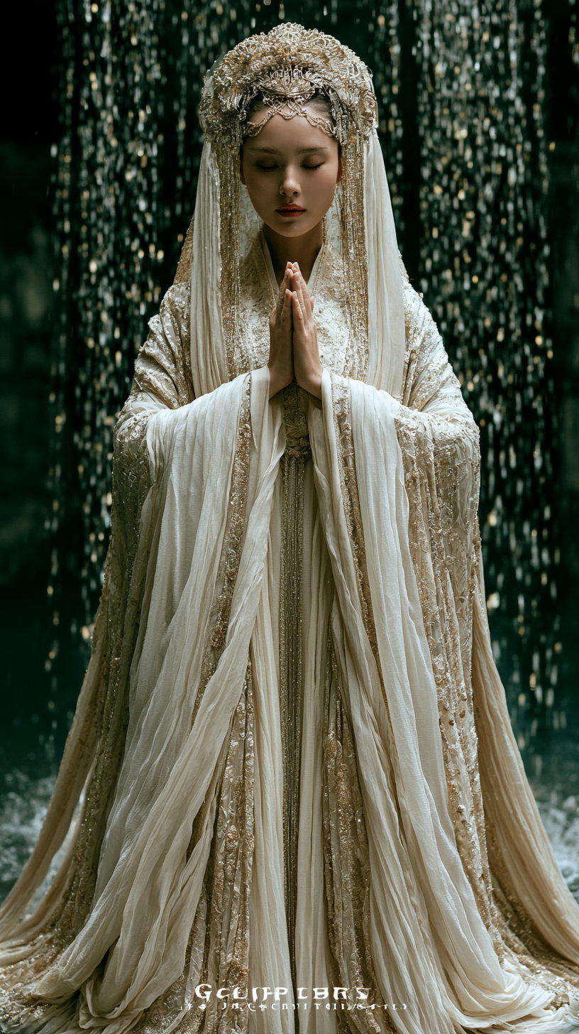 A woman wearing an elaborate traditional Chinese ceremonial gown and ornate headdress with hands held together in a praying gesture against a dark background with shimmering lights