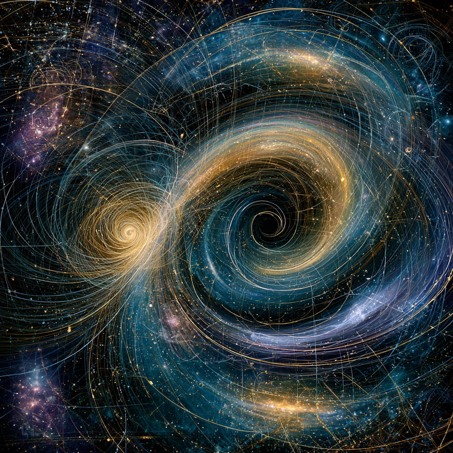 An abstract painting featuring swirling spiral patterns in blue and gold tones resembling a cosmic or galaxy scene