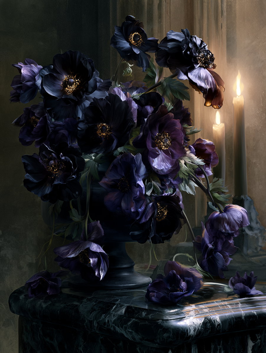 A detailed botanical illustration showing deep purple flowers arranged in a dark vase on a marble surface, with two lit candles in the background casting warm light.