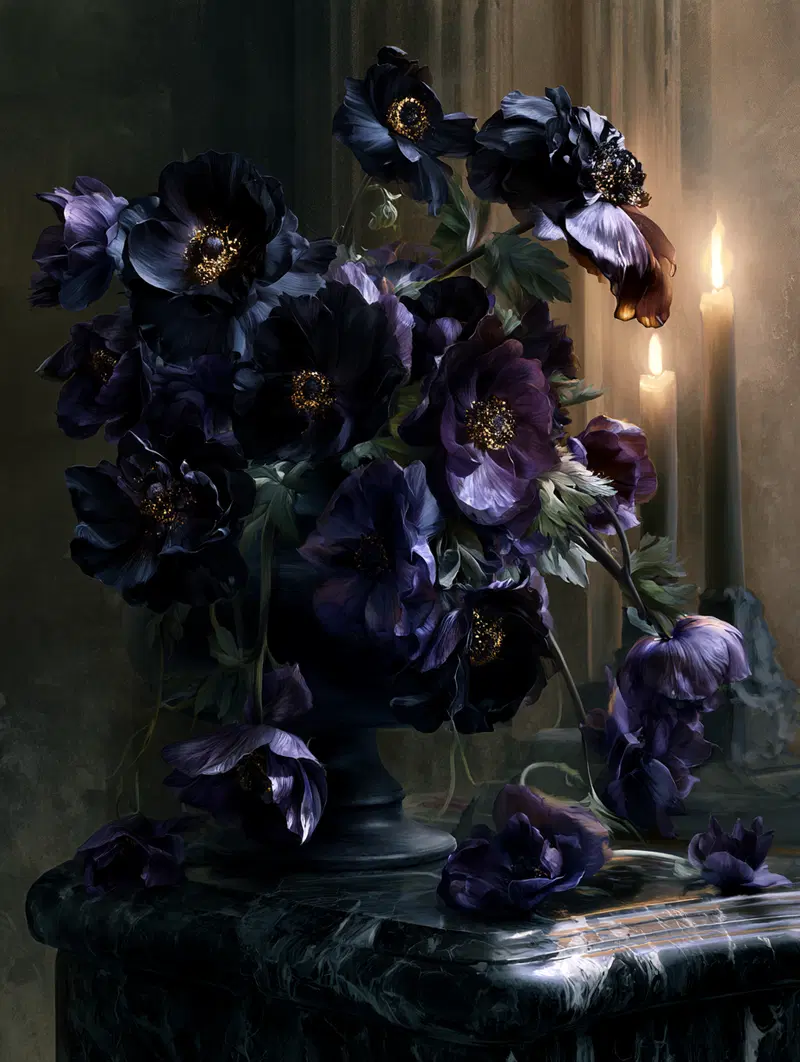 Dark and detailed botanical illustration of purple flowers in a vase next to lit candles