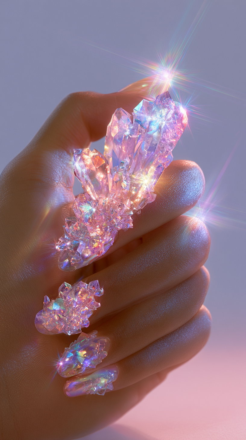 Close-up of a hand with nails decorated by iridescent crystal-like embellishments sparkling in light