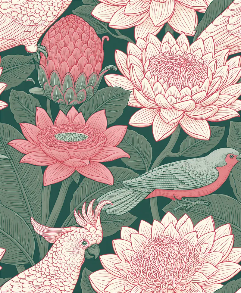 Detailed botanical illustration with exotic flowers and birds in muted pink and green tones