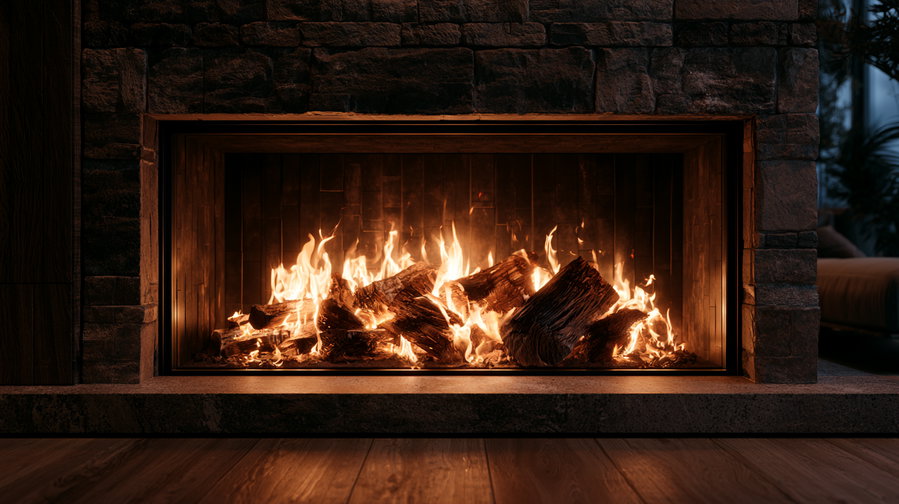 A modern fireplace with burning logs and visible flames, surrounded by a stone frame and wooden floor in a dimly lit living room