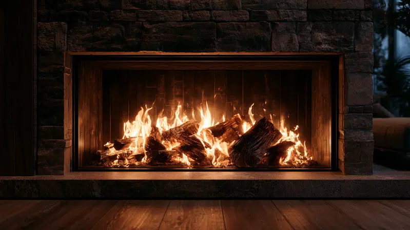 Cozy and warm modern fireplace with burning logs in living room