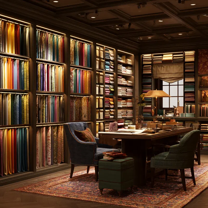Cozy interior illustration featuring fabric-lined walls and a wooden desk