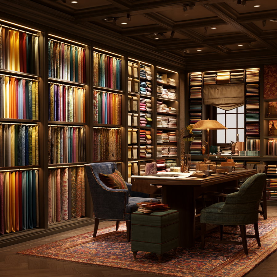Warmly lit room with shelves of folded and hanging fabrics, a wooden desk with books and a lamp, two upholstered chairs, and a detailed rug on the floor