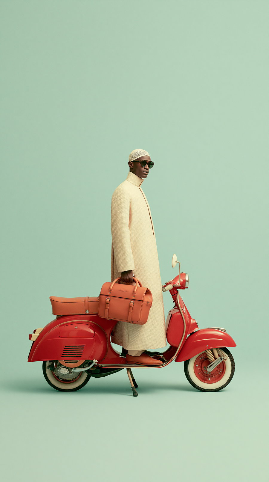 A man dressed in a long beige coat, beige headwear, sunglasses, and brown shoes, holding a brown leather bag, standing on a vintage red scooter against a plain mint green background.