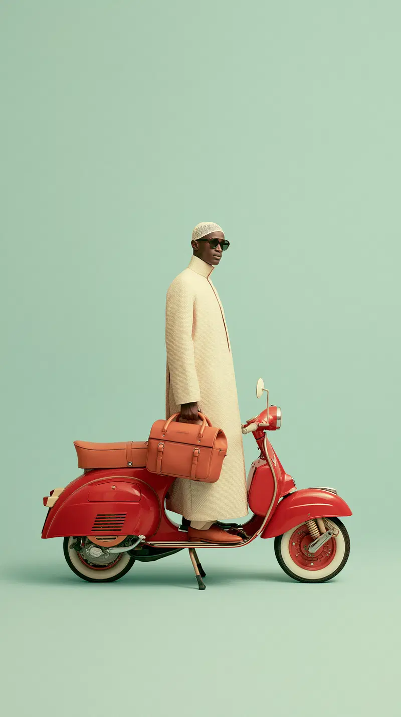 Man Wearing Beige Coat and Headwear Standing on Vintage Red Scooter
