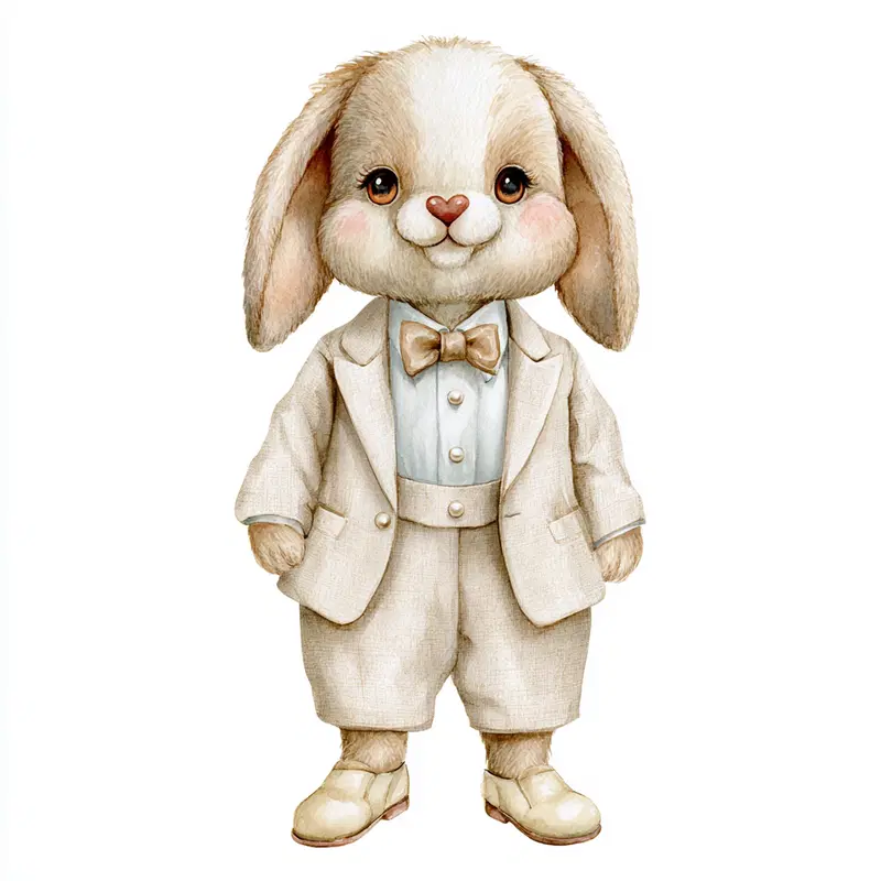 Detailed watercolor illustration of a bunny dressed in elegant vintage clothing