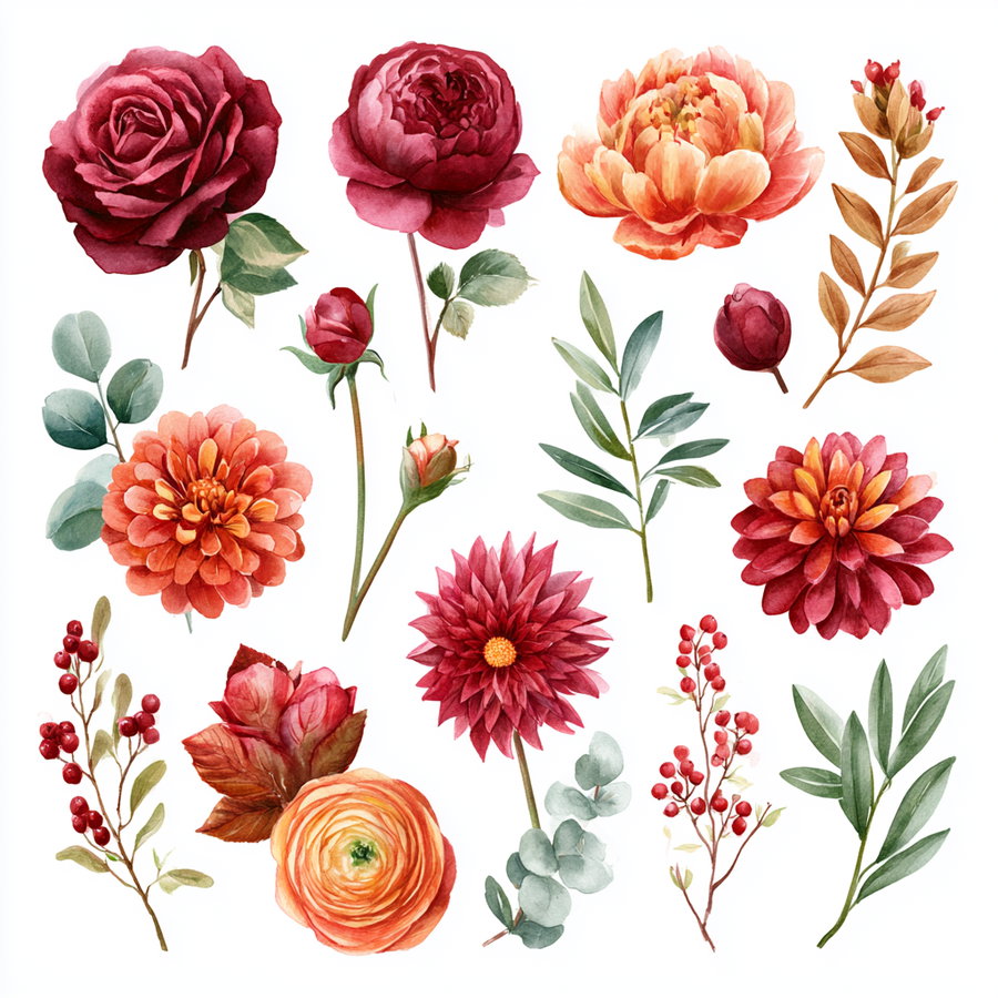 Watercolor botanical illustrations featuring red and orange flowers with green and brown leaves on a white background