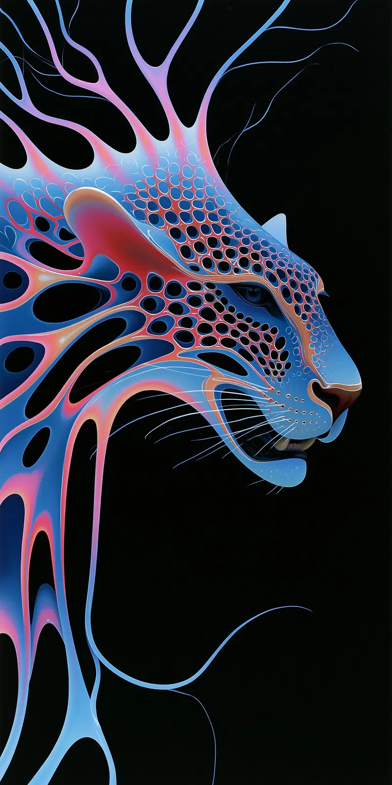 Abstract depiction of a big cat with flowing organic shapes and vibrant colors