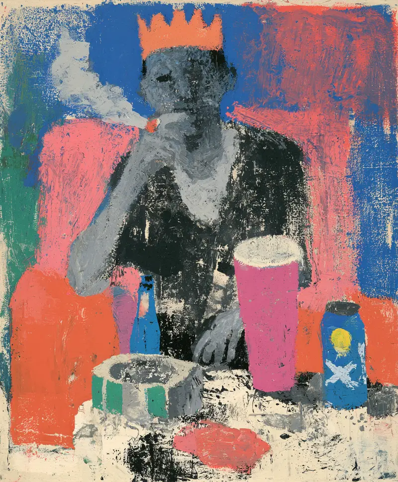 Acrylic painting of a person wearing a crown smoking with colorful abstract background