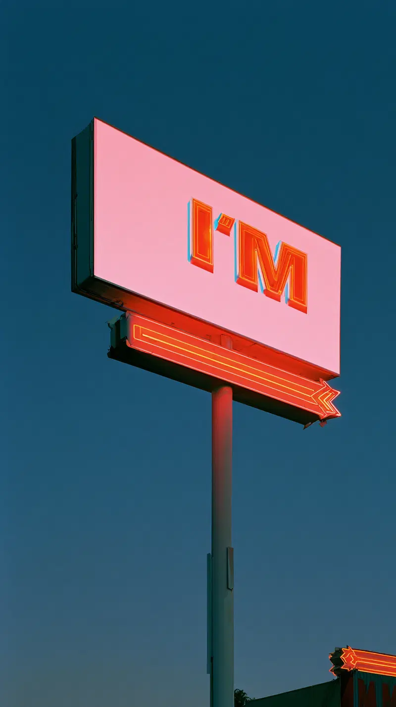 Neon street sign with bold lettering and arrow at dusk