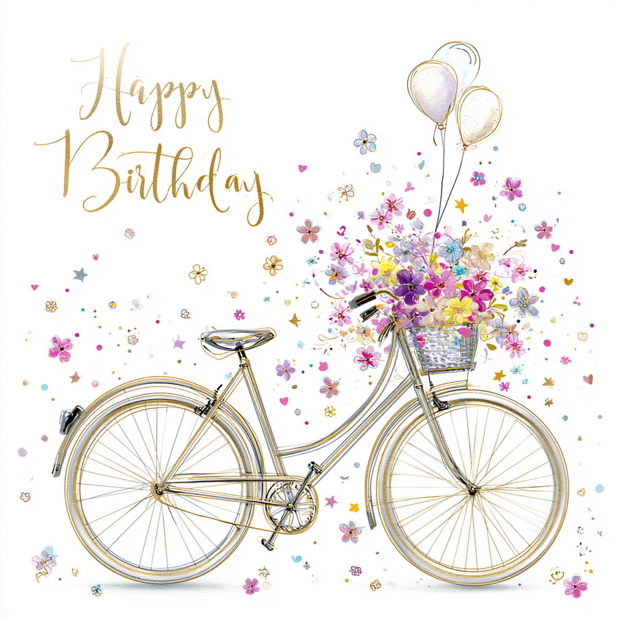 A delicate illustration of a vintage bicycle with a basket filled with colorful flowers and two balloons, surrounded by scattered floral and star confetti, alongside gold calligraphy text reading Happy Birthday