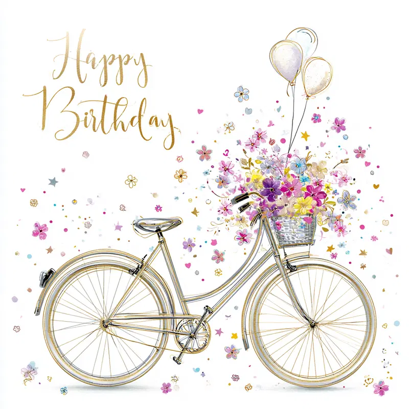Elegant Calligraphy Birthday Greeting with Floral Bicycle Illustration