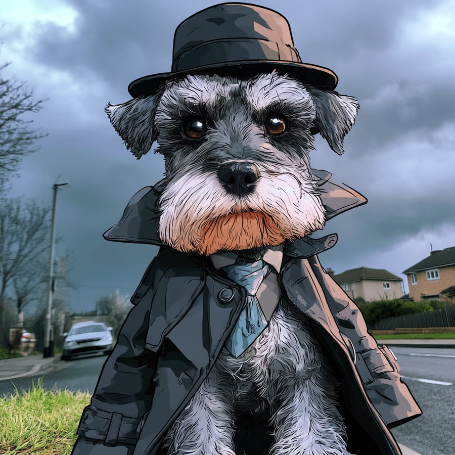 A small dog wearing a black hat, trench coat, and blue tie standing on a street with houses and cars in the background under a cloudy sky