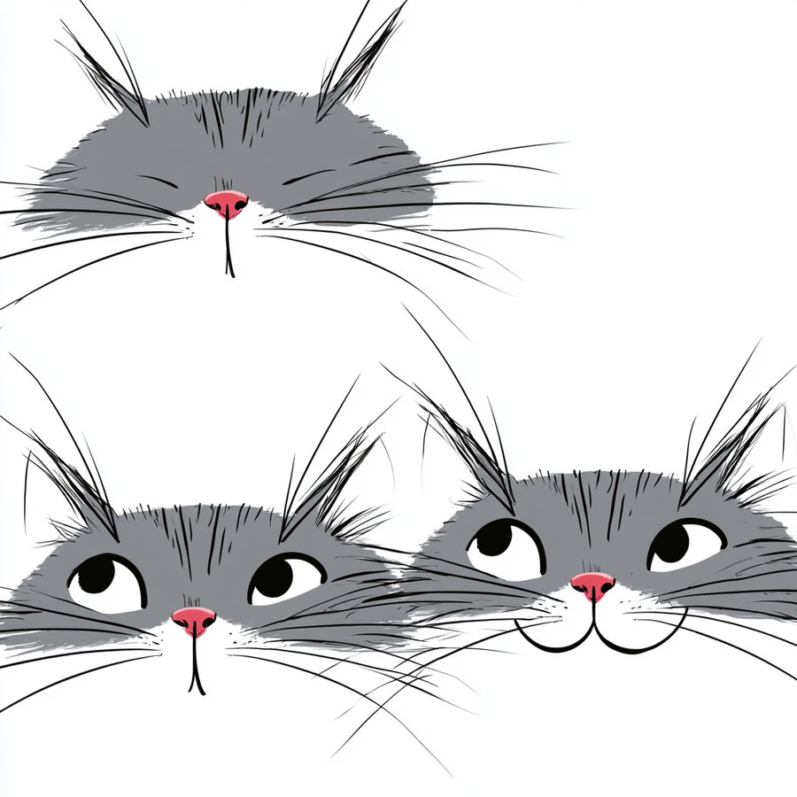 Digital illustration of three gray cat faces with varying expressions, featuring detailed whiskers and pink noses on a white background