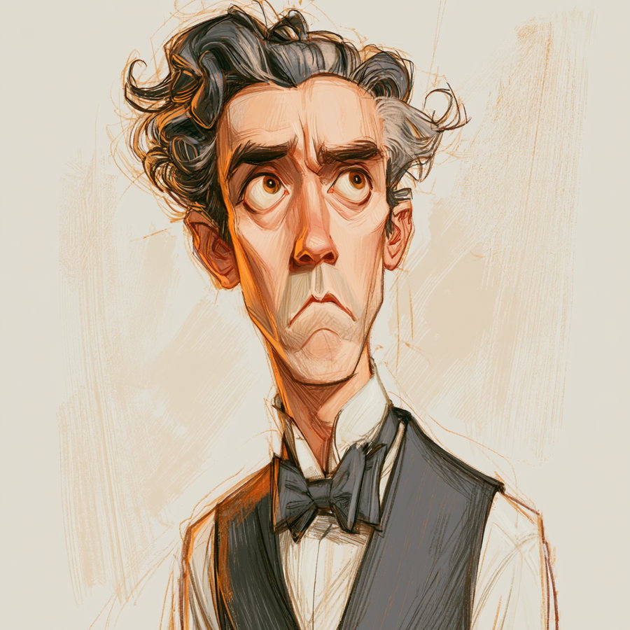 Digital painting of a man with curly hair wearing a black bow tie and vest, facial features exaggerated in an artistic style