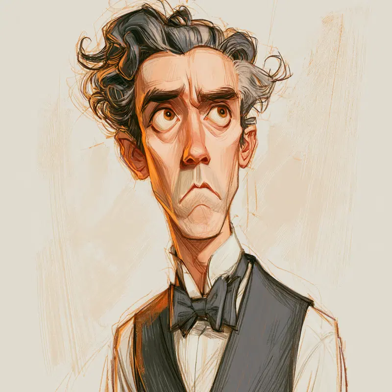 Stylized artistic portrait of a man in formal wear with exaggerated features