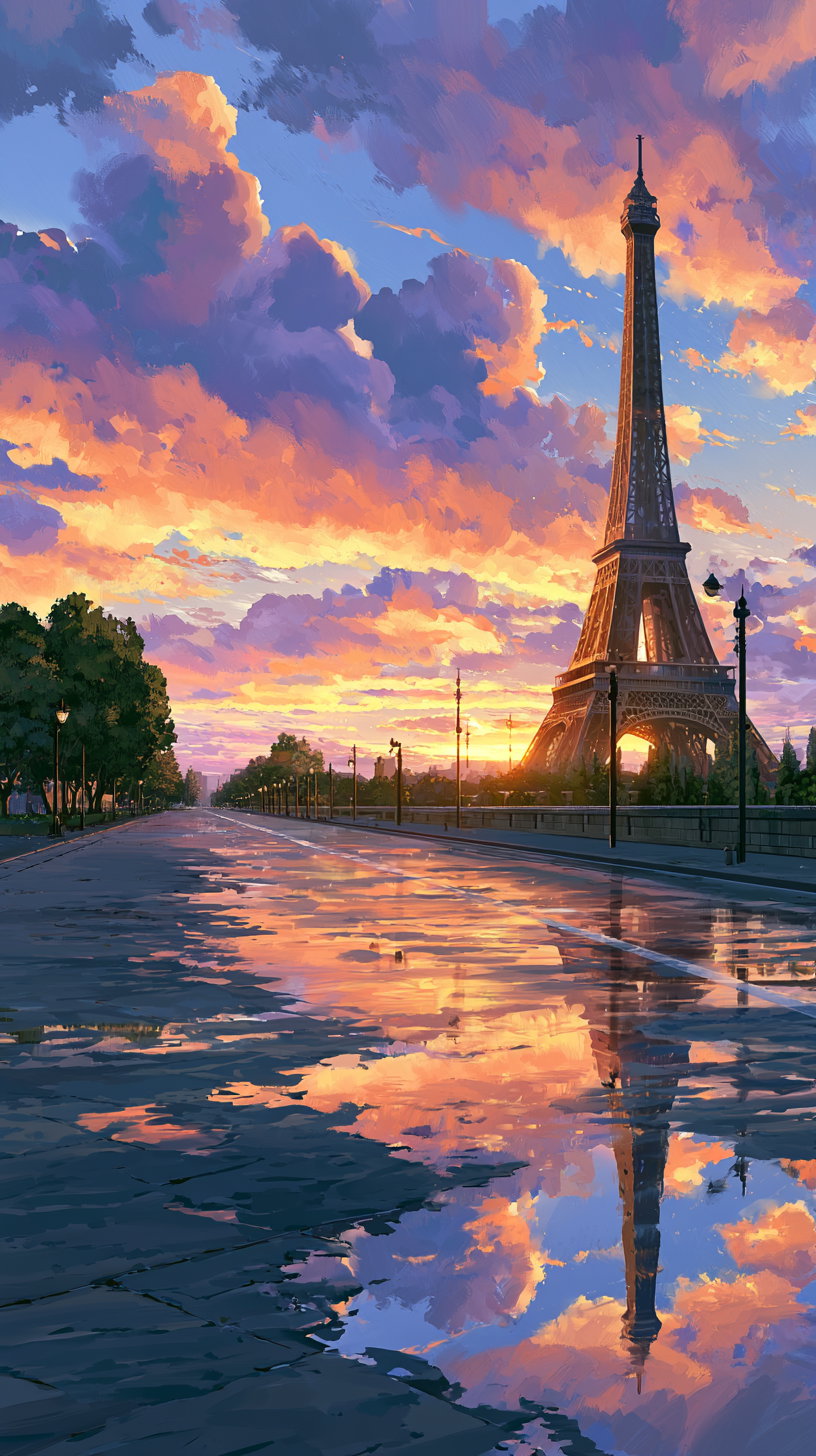 Painting of the Eiffel Tower at sunset with dramatic clouds and reflections on a wet pavement