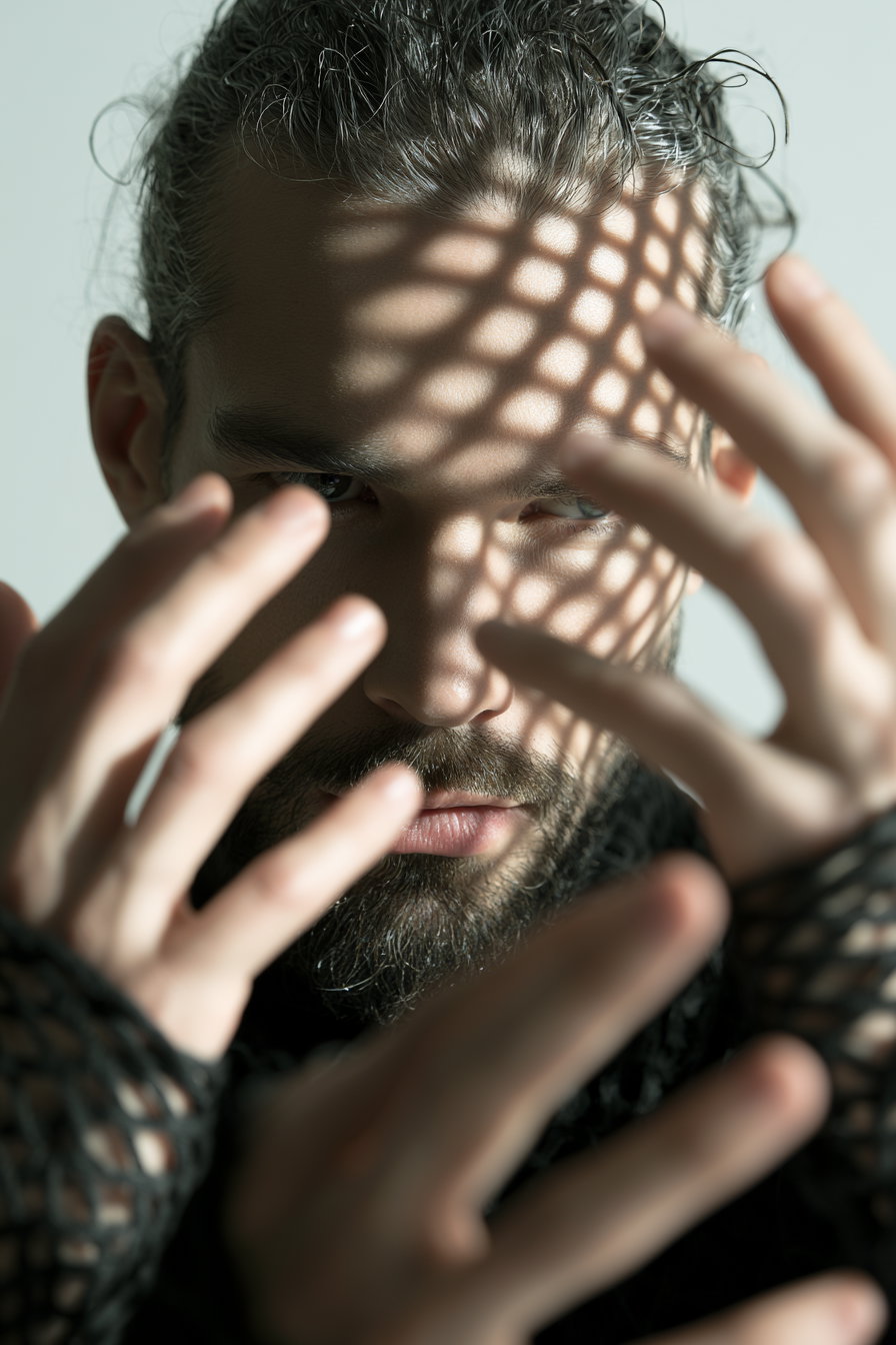 Close-up portrait of a man with crisscross shadow patterns on his face, hands raised in front wearing black netted gloves
