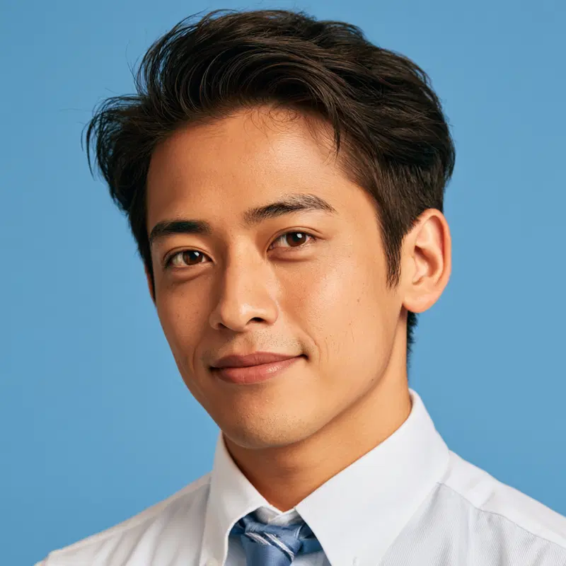 Professional studio portrait of a young man with a blue background