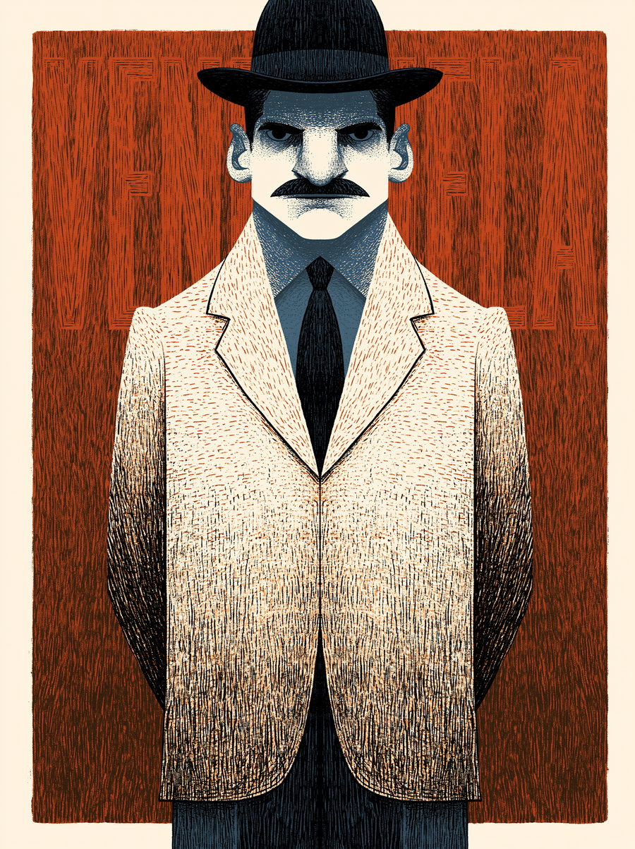 A detailed stylized drawing of a man with a stern expression, wearing a beige suit jacket, black tie, and black hat against a brown textured background.