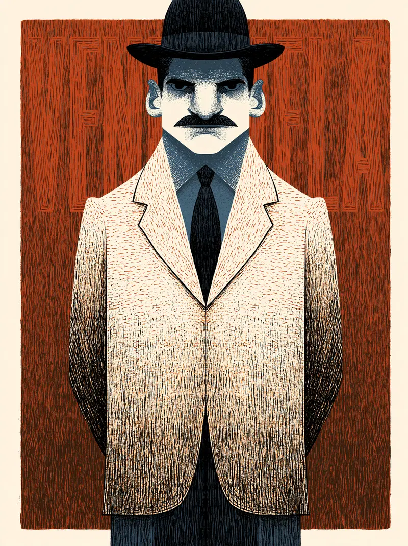 Stylized Illustration of a Man with a Mustache Wearing a Hat and Suit