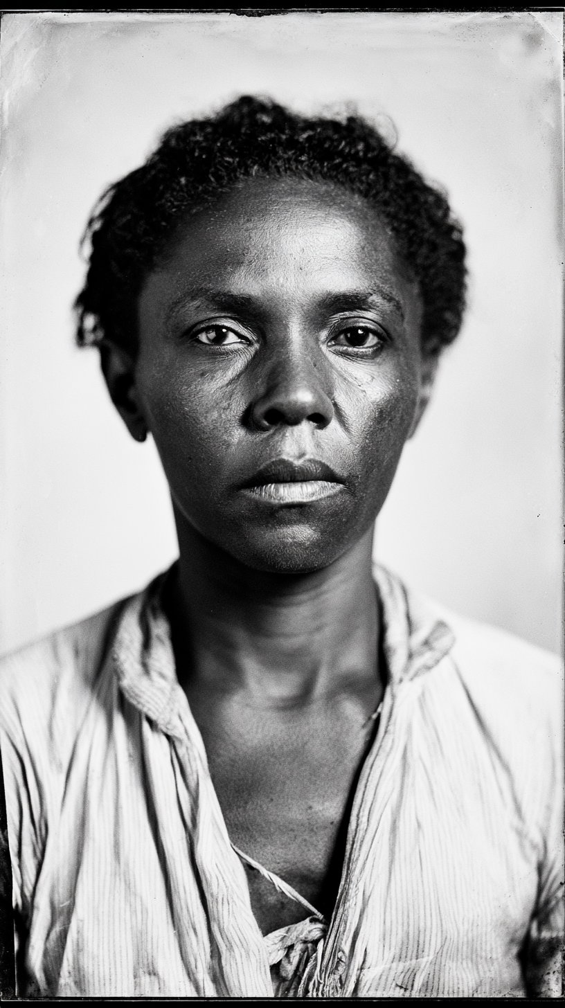 Black and white close-up photograph of a woman with short curly hair wearing a light-colored garment and looking directly at the camera with a serious expression