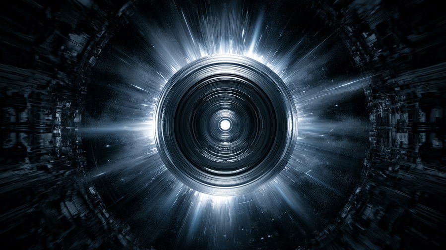 A circular metallic tunnel with bright white and blue light beams radiating outward, creating a futuristic and mechanical visual effect