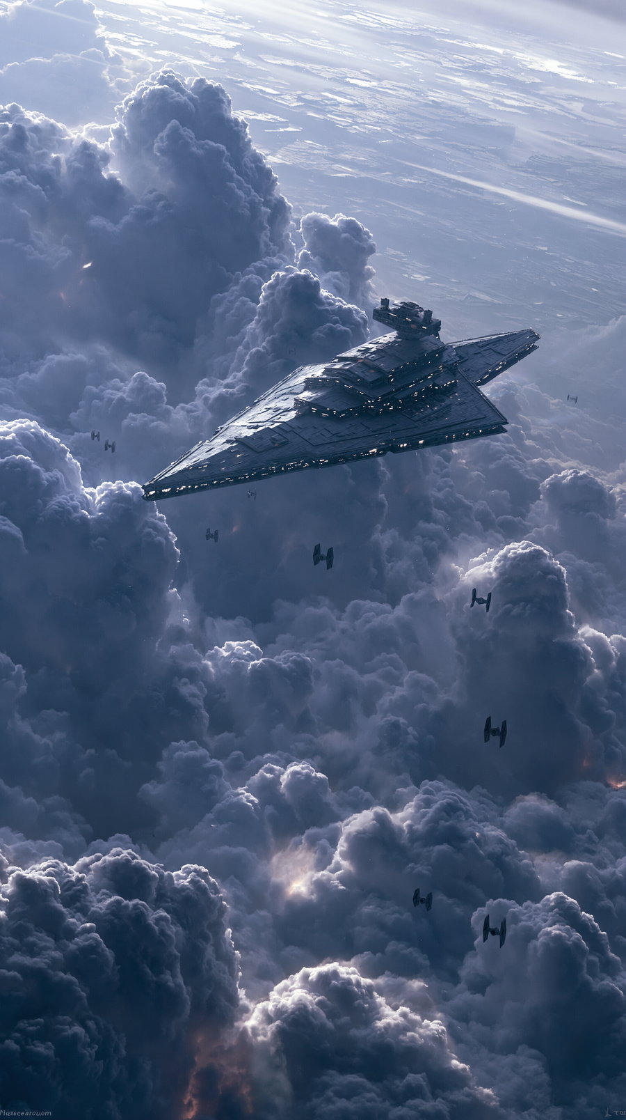 Large futuristic spaceship flying above and within dense, billowing clouds with smaller escort crafts surrounding it