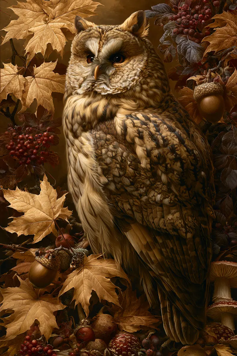 Detailed botanical illustration with an owl surrounded by autumn leaves and acorns