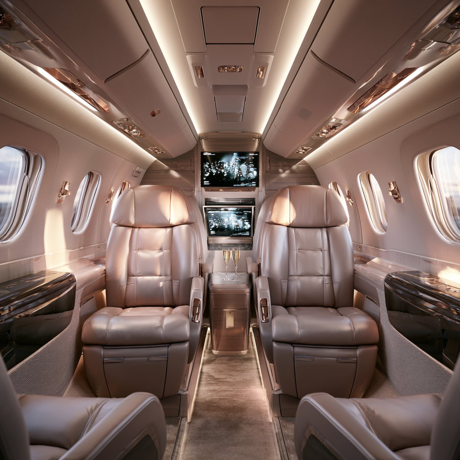 Interior view of a private jet cabin featuring plush leather seats, multiple windows, wood paneling, carpeted floor, two champagne glasses, and screens on the far wall