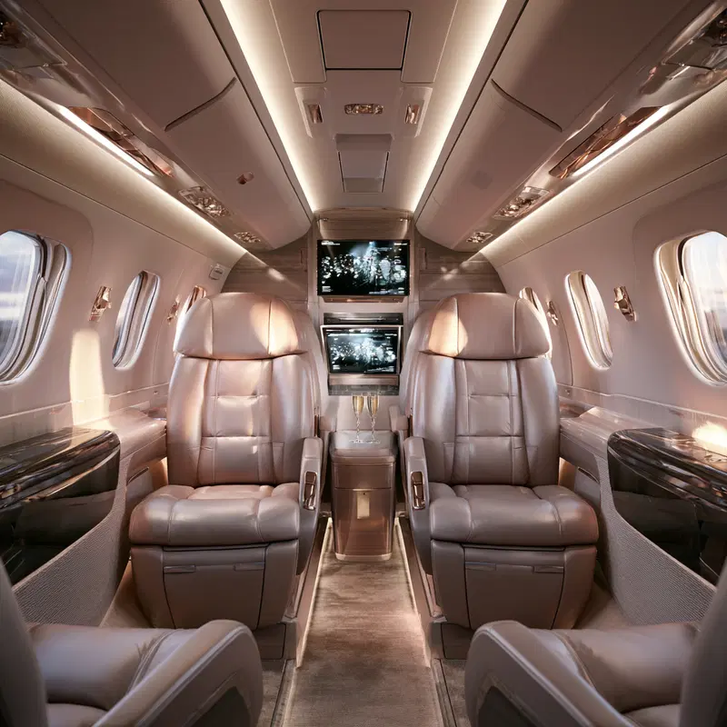 Luxurious private jet interior with leather seats and ambient lighting