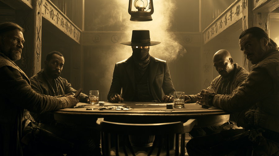 Five men sitting around a round wooden table in a dimly lit room with Asian writing on the walls, the central figure wears a wide-brimmed hat and mask with glowing eyes