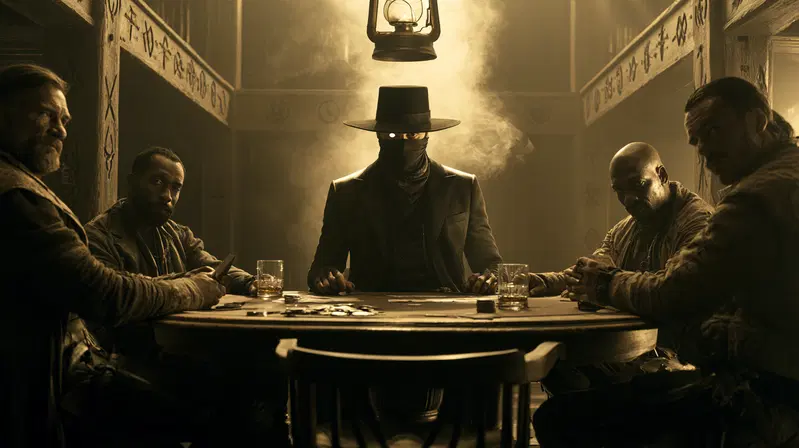 Moody contemporary scene with mysterious masked figure at card table
