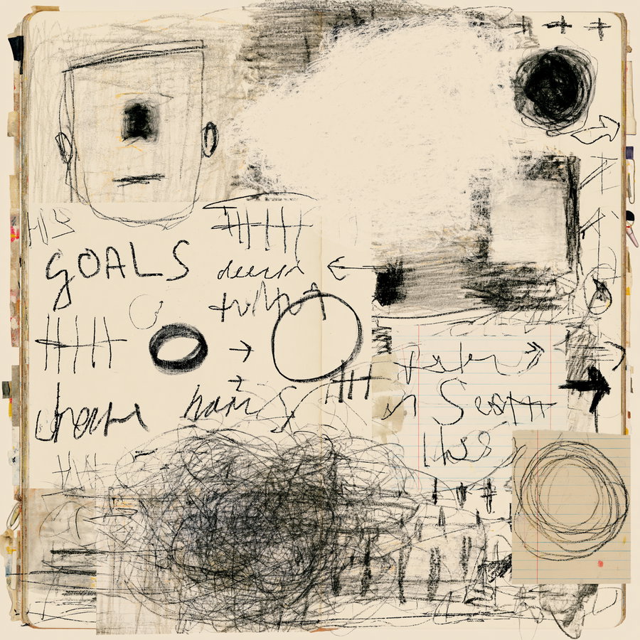 A mixed media abstract artwork on paper with scribbled and sketched faces, circles, tally marks, arrows, and words such as goals and desire in black charcoal or graphite on a beige background