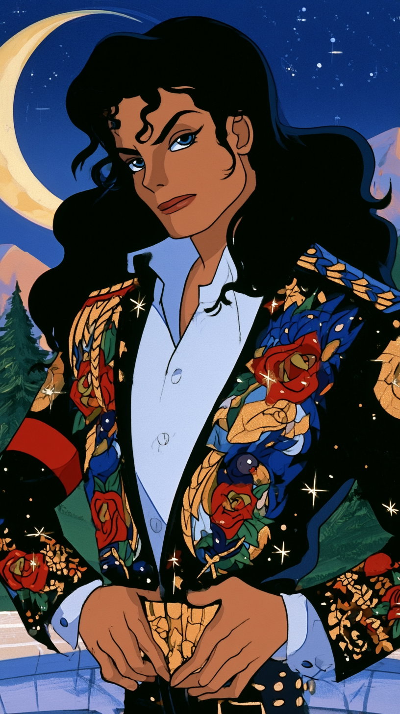 A stylized portrait of a person with long black hair wearing a black jacket decorated with colorful floral embroidery and a white shirt, set against a night sky with a crescent moon and pine trees in the background