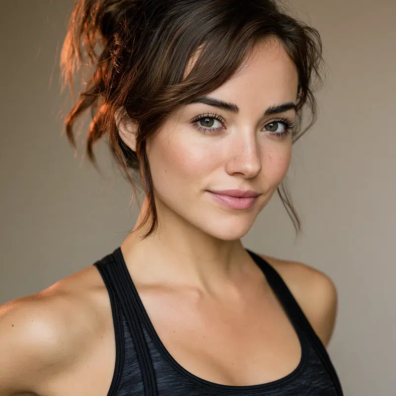 Close-up portrait of a young woman with natural makeup and hair in a casual setting