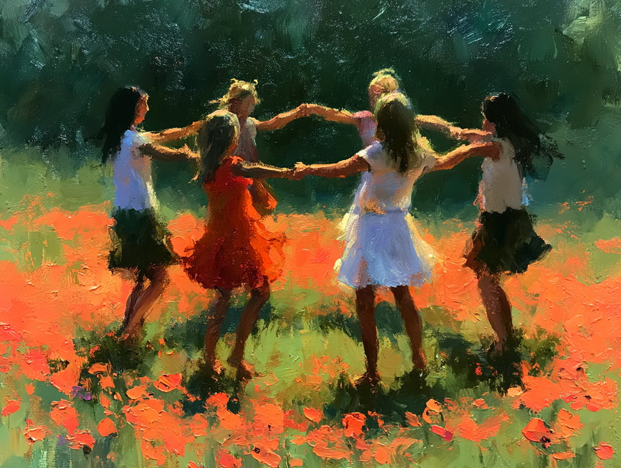 An oil painting depicting six children holding hands and dancing in a field of bright red poppies with a dark green forest background
