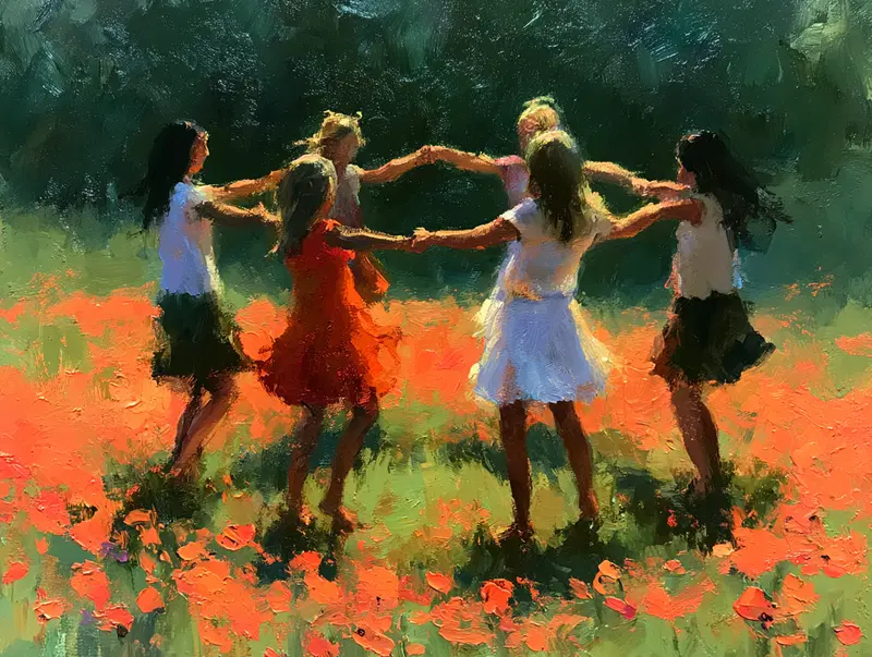 Oil painting of six children holding hands and dancing in a lively poppy field
