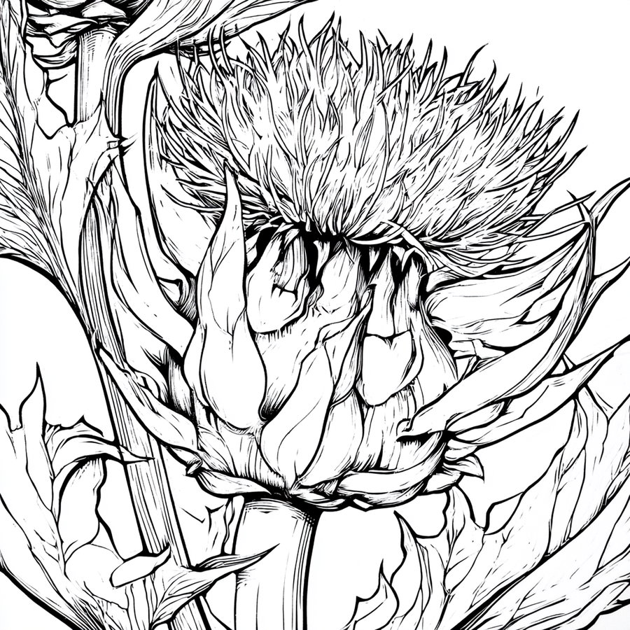 A detailed black and white line drawing of a thistle plant with spiky flower head and long leaves on stems.