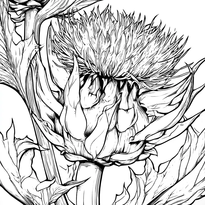 Detailed Black and White Botanical Illustration of a Thistle Plant