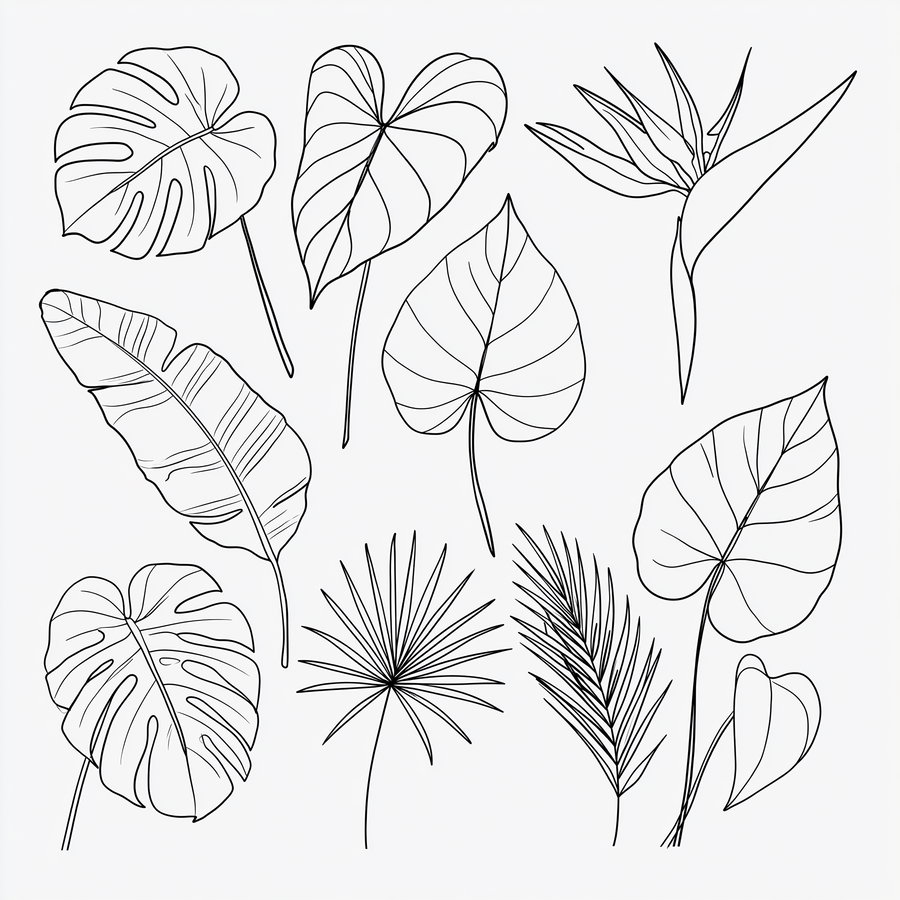 Black and white line drawings of various tropical leaves including monstera, palm, and bird of paradise leaves on a white background