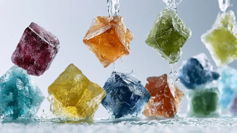 Colorful translucent crystals splashing in water in a dynamic arrangement