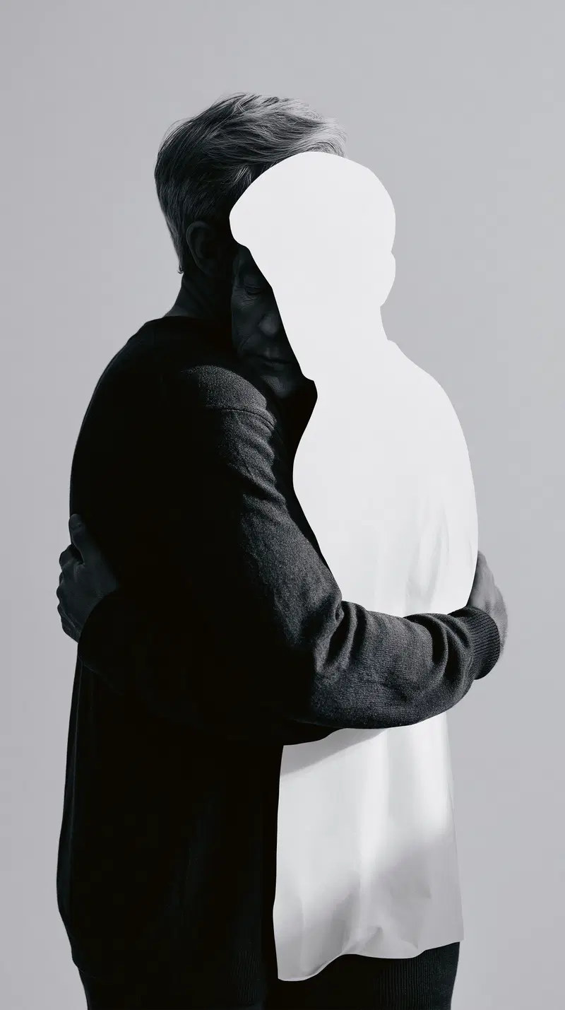 Conceptual black and white contemporary art of a man hugging a white silhouette