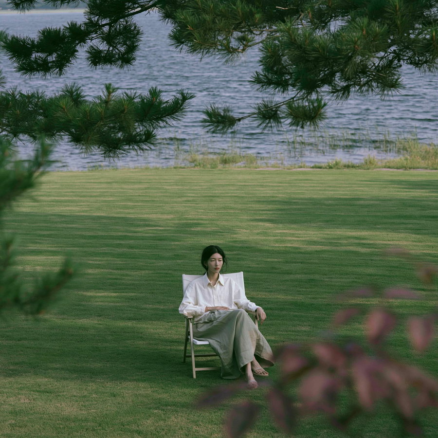A woman in a white shirt and beige skirt sits quietly on a chair on a green lawn near a body of water with tree branches in the foreground and background.